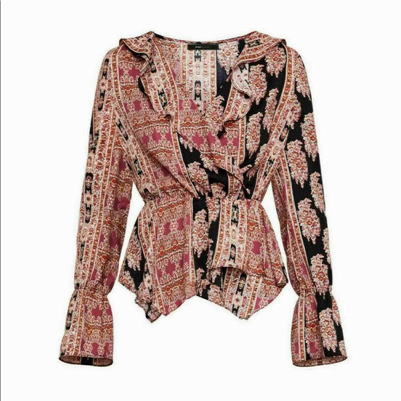 BCBGMAXAZRIA Printed Long Sleeve V-Neck Surplice Woven Asymmetrical Hem Blouse - Picture 10 of 15